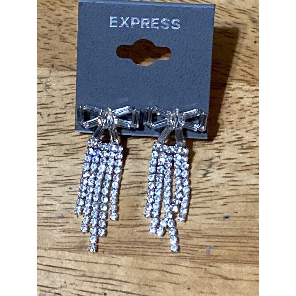 Express Silver Tone Bow Dangle Earrings Cubic‎ Zirconia Art Deco Long Jewelry